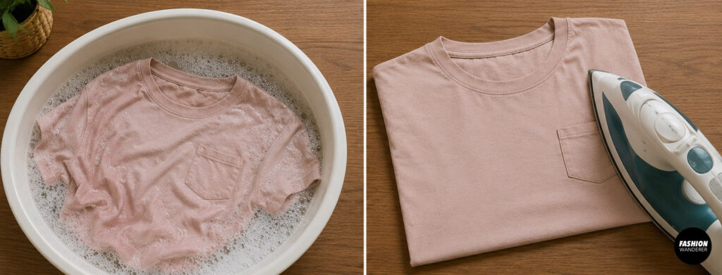 Oversized pink T-shirt being washed, pressed, and prepared before cutting for a DIY girls twirly play dress sewing upcycle project.