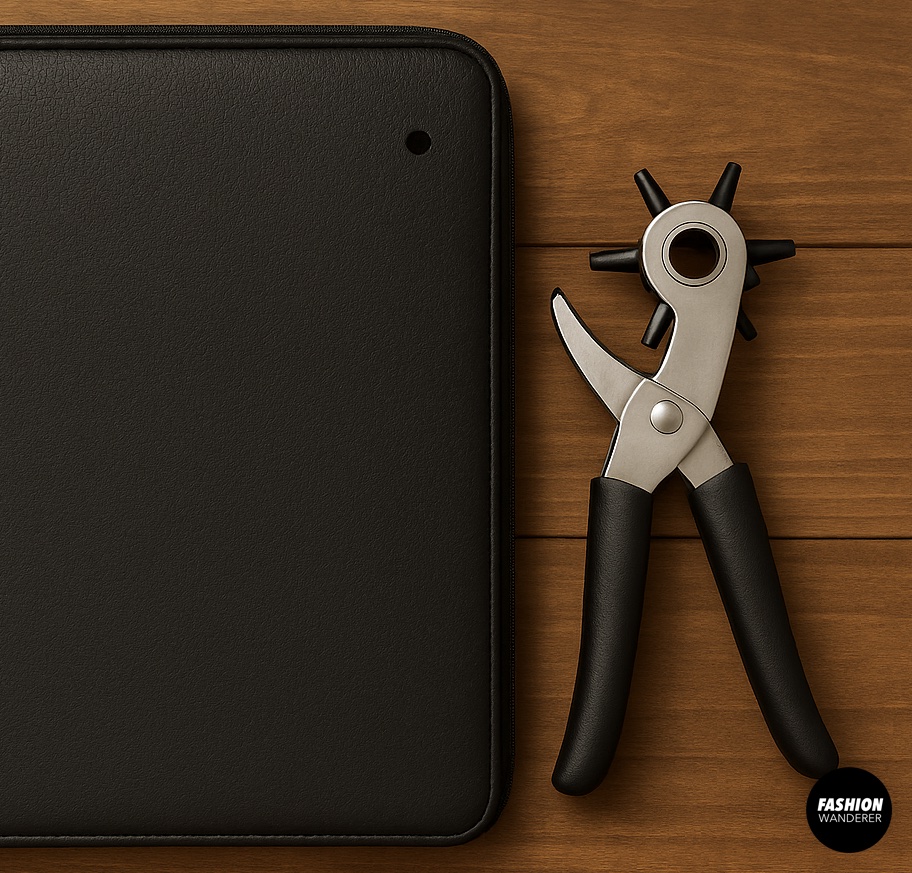 Leather laptop sleeve on wood table with a hole punch tool beside it, showing where to punch holes for attaching chain straps in DIY bag tutorial.