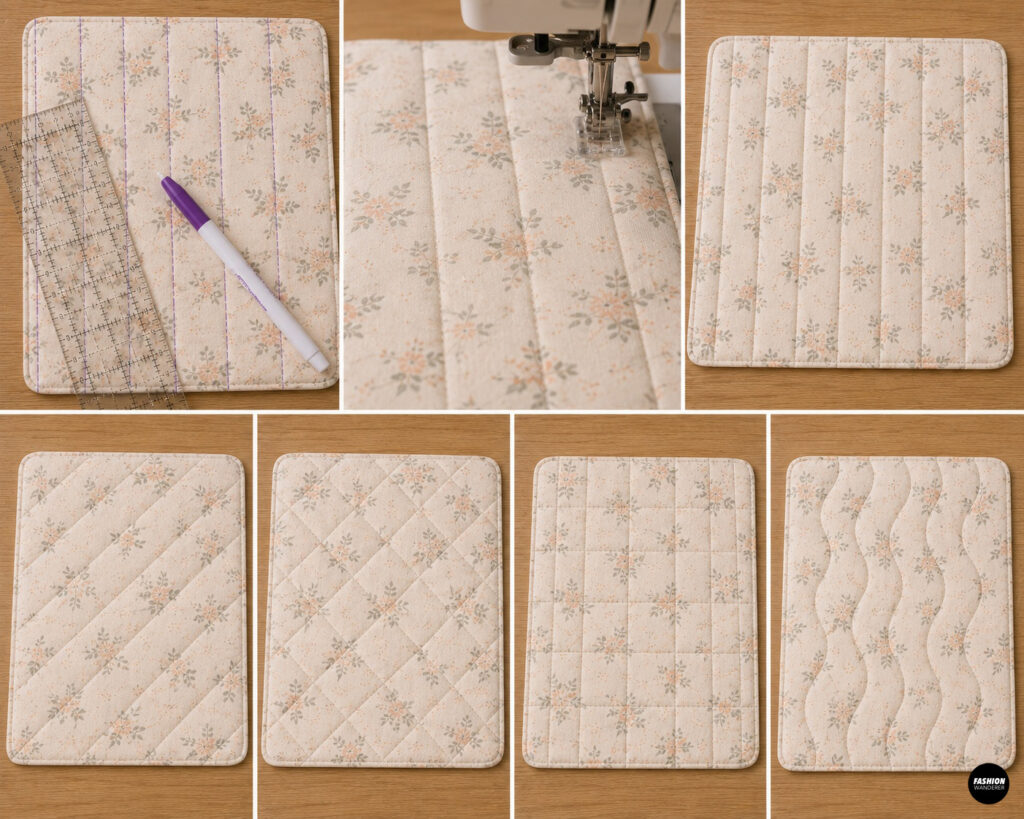 Step-by-step collage showing floral fabric marked with quilting lines and stitched on a sewing machine in straight, diagonal, grid, and wavy quilting patterns.