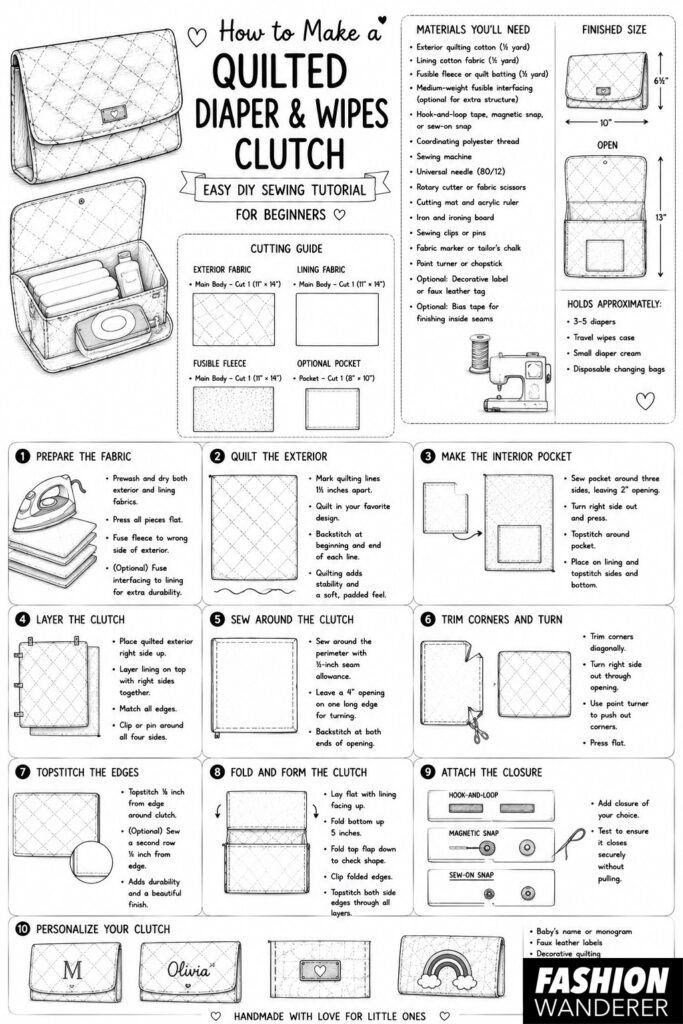 Black-and-white beginner sewing infographic showing materials, cutting guide, finished size, and 10 step-by-step instructions for making a quilted diaper and baby wipes clutch.