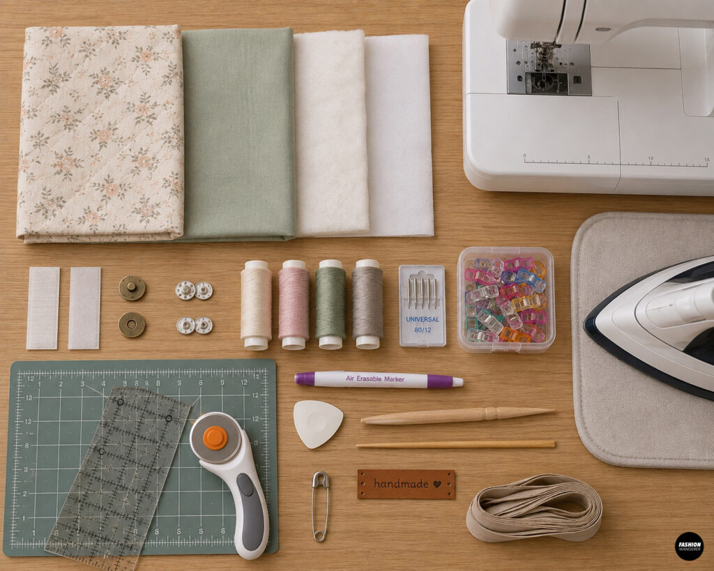 Flat lay of floral cotton, sage lining, fusible fleece, interfacing, thread, sewing clips, needles, rotary cutter, ruler, closures, iron, and sewing machine for a DIY quilted diaper clutch.