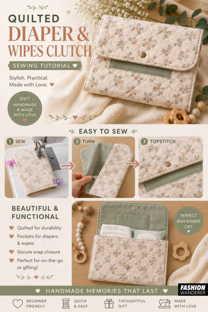 Modern DIY sewing tutorial graphic featuring a handmade floral quilted diaper and wipes clutch with snap closure, interior pockets, and easy sew, turn, and topstitch steps for beginners.