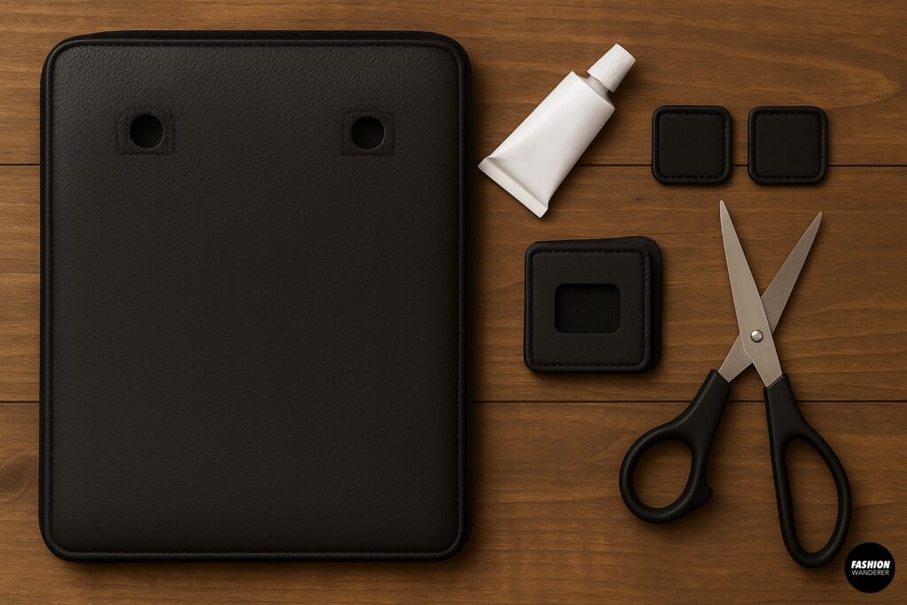 Back of laptop sleeve with reinforced cutouts, glue tube, scissors, and leather patches for strengthening DIY chain strap attachment.