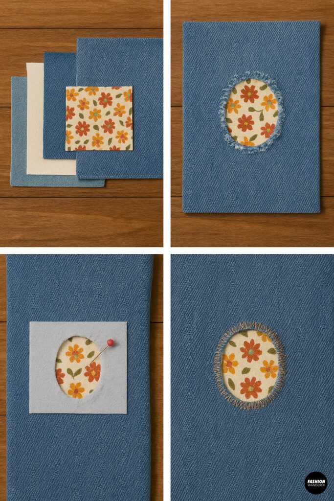 Step-by-step collage of reverse patch repair on denim, layering floral fabric underneath a hole, pinning in place, and stitching around the edges to secure the circular patch.