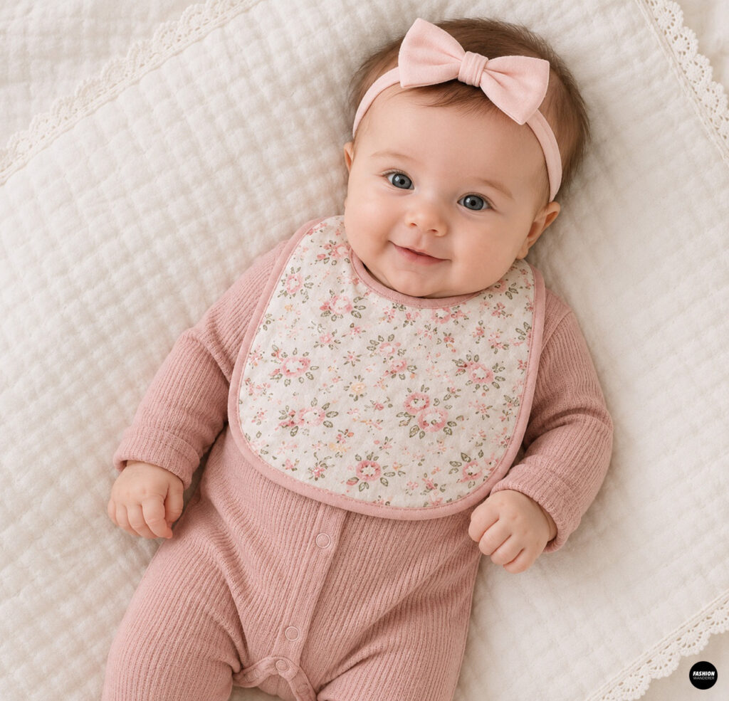 Smiling baby girl wearing a handmade floral reversible baby bib with pink trim and matching pink onesie, an easy DIY baby sewing gift.