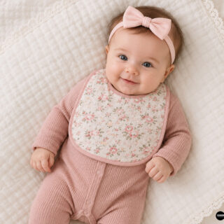 Smiling baby girl wearing a handmade floral reversible baby bib with pink trim and matching pink onesie, an easy DIY baby sewing gift.