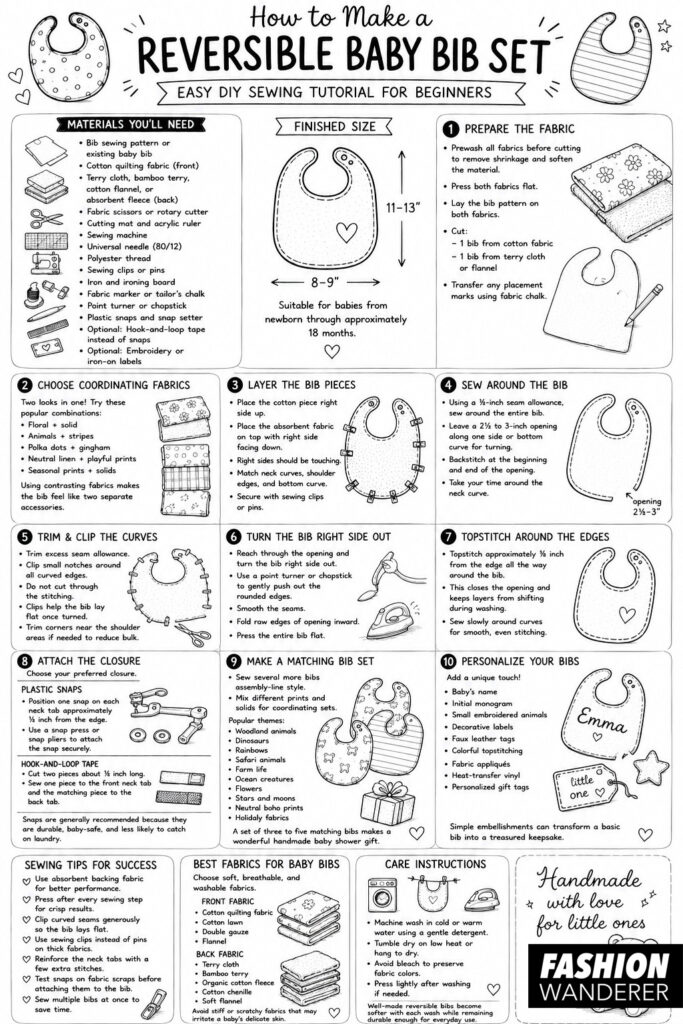 Black-and-white beginner sewing infographic showing how to make a reversible baby bib set, including materials, finished size, 10 illustrated sewing steps, closure options, fabric recommendations, sewing tips, and care instructions.