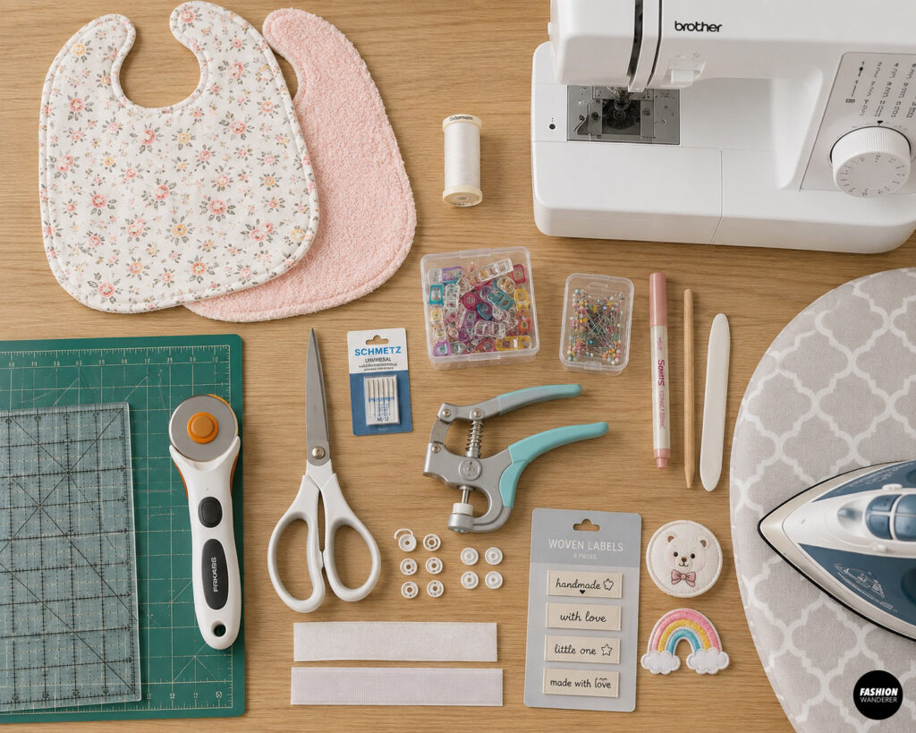 Flat lay of supplies for sewing reversible baby bibs, including floral cotton and pink terry bibs, sewing machine, thread, scissors, rotary cutter, ruler, cutting mat, sewing clips, pins, snaps and snap pliers, hook-and-loop tape, labels, appliqu&eacute;s, fabric marker, turning tools, and iron.