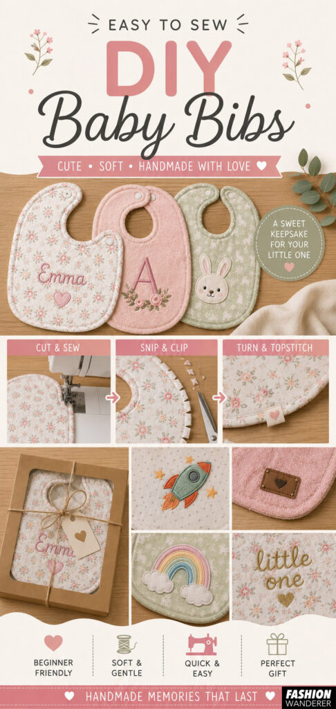 Vertical DIY baby bib sewing Pinterest pin featuring three handmade reversible bibs in floral, pink, and sage green fabrics, with beginner sewing steps, personalization ideas, and gift inspiration.