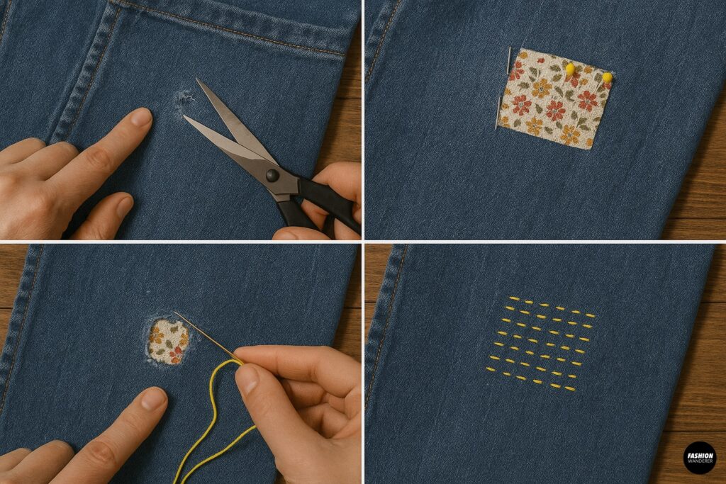 Step-by-step collage showing how to repair denim with a running stitch, from cutting around the hole to stitching yellow thread lines across a floral patch beneath the fabric.