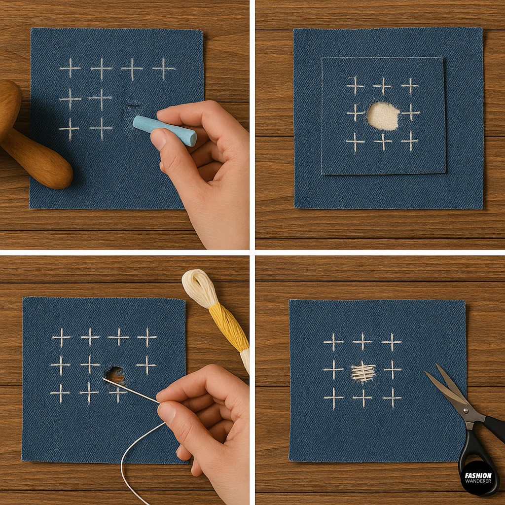 Collage tutorial of sashiko embroidery repair on denim, showing marking stitches with chalk, layering fabric, stitching with yellow thread, and finishing with cross-stitch patterns.