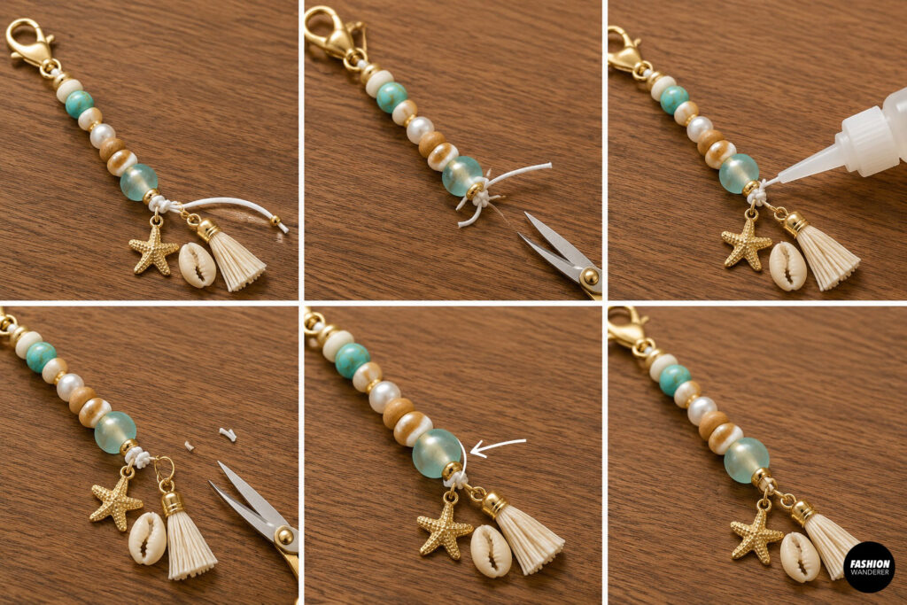 Step 9 is to secure and hide the ends of the cord using decorative accents.