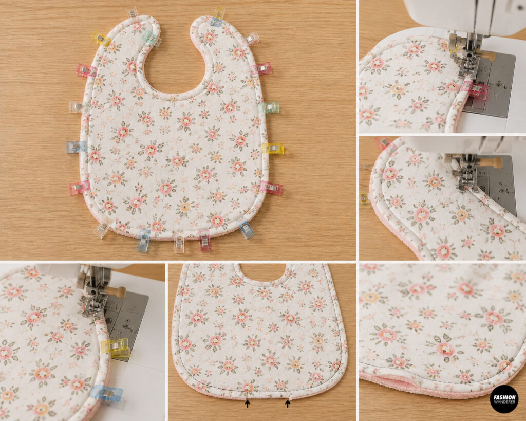 Floral baby bib layers are clipped together and stitched around the curved outer edge with a sewing machine, leaving a small opening for turning the bib right side out.