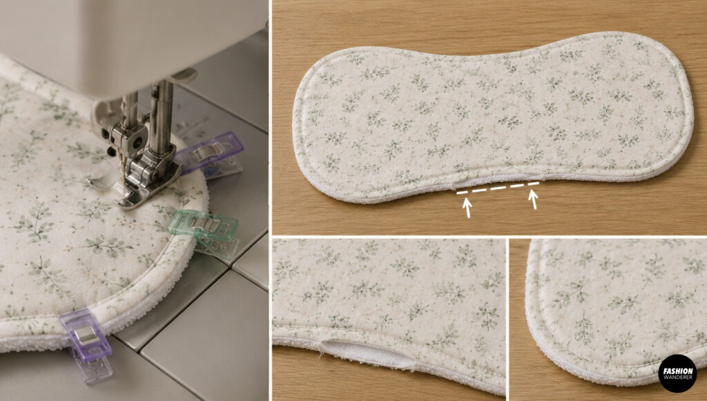 Sew around the curved edges of a DIY baby burp cloth with a sewing machine, leaving a small opening for turning the fabric right side out.