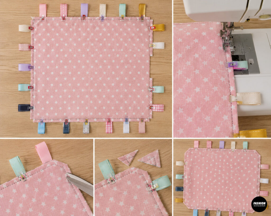 Sewing collage showing the layered pink star-print baby taggie blanket clipped around the edges, stitched with a sewing machine, and trimmed diagonally at the corners to reduce bulk.
