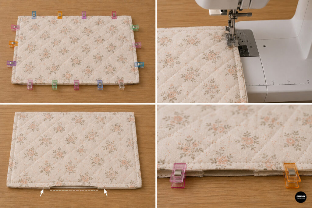 Floral quilted fabric layers clipped together and sewn around the edges with a sewing machine, leaving a small opening for turning.