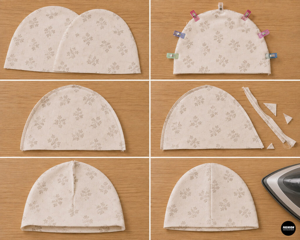 Step-by-step DIY baby hat tutorial showing floral knit hat pieces clipped, stitched along the curved seam, trimmed, turned right side out, and pressed.