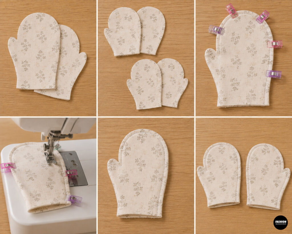 Beginner baby mitten sewing tutorial showing floral knit mitten pieces clipped together and stitched around the curved edges with a sewing machine.