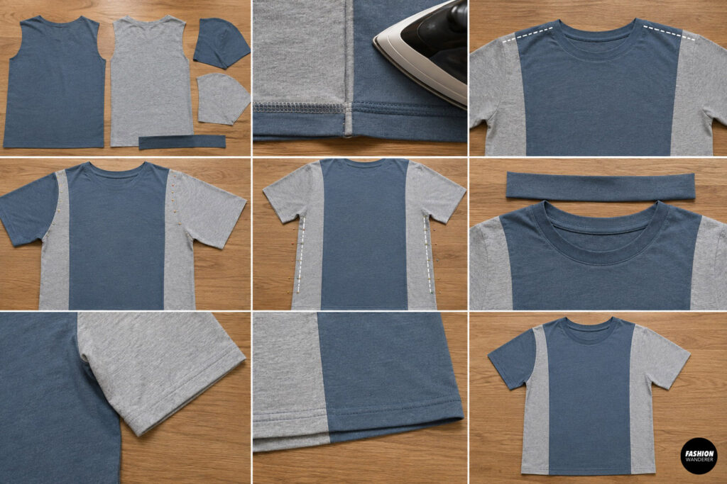 Sewing tutorial collage showing color-block shirt panels pinned together, pressed seams, neckline preparation, side seam stitching, sleeve hems, and the finished blue and gray color-block T-shirt.