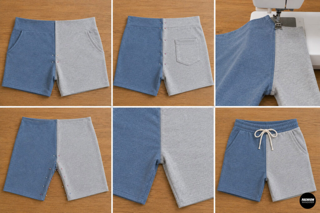 Step-by-step collage demonstrating how to sew color-block shorts by joining front and back panels, stitching the crotch seam, sewing inseams, and completing the basic shorts structure.