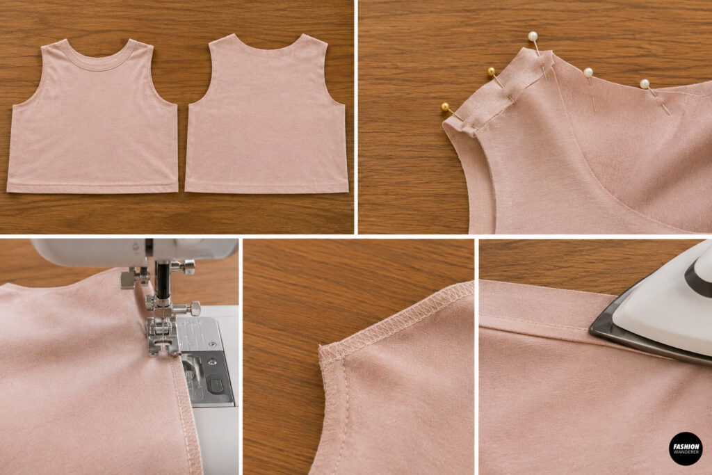 Sewing and pressing the shoulder seams of a knit bodice while transforming an oversized T-shirt into a girls twirly dress.