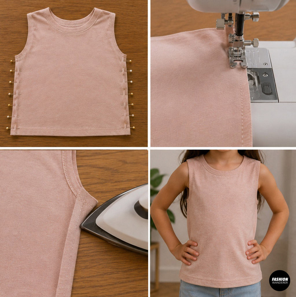Pinning, sewing, and pressing the side seams of the knit bodice to form the upper portion of a girls DIY play dress.