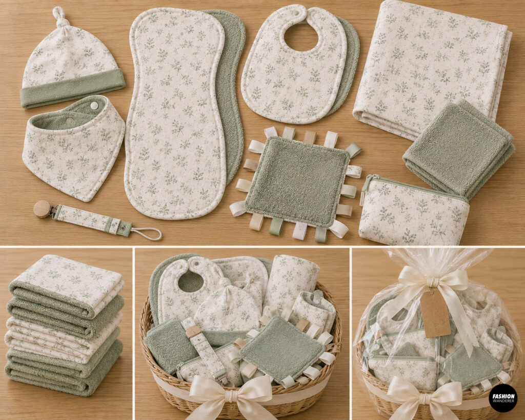 Coordinating handmade baby gift set with burp cloths, bibs, baby hat, washcloths, taggie toy, pacifier clip, and pouch in sage green floral fabrics.