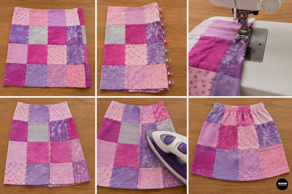 Sewing collage showing the side seam construction of a patchwork skirt. The front and back panels are aligned, clipped together, stitched along both side edges, pressed flat, and transformed into a skirt with clean side seams.