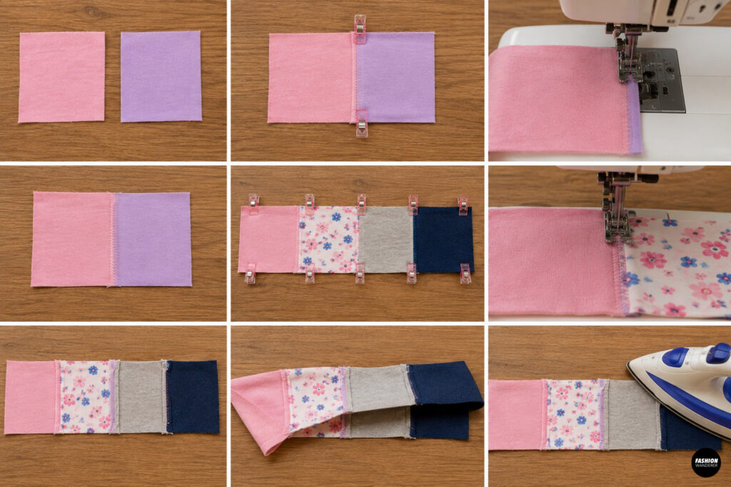 Step-by-step collage demonstrating how to sew patchwork squares into rows. Fabric squares are clipped together, stitched with a sewing machine, additional squares are joined one by one, seams are opened, and the finished row is pressed flat for accurate piecing.