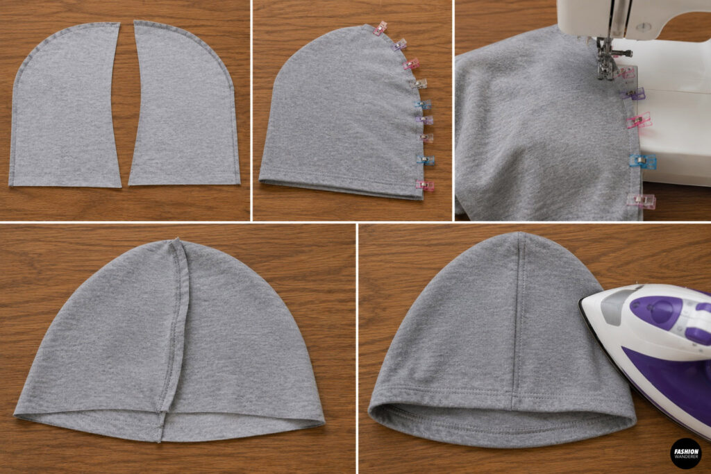 Five-photo sewing tutorial illustrating how to assemble a hood by placing the two fabric pieces right sides together, clipping the curved edge, sewing the center seam, and pressing the finished hood flat.