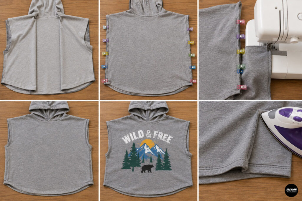 Six-photo collage demonstrating how to fold the poncho, clip the side seams together, sew each side with a stretch stitch, and press the seams to complete the basic hooded poncho shape.