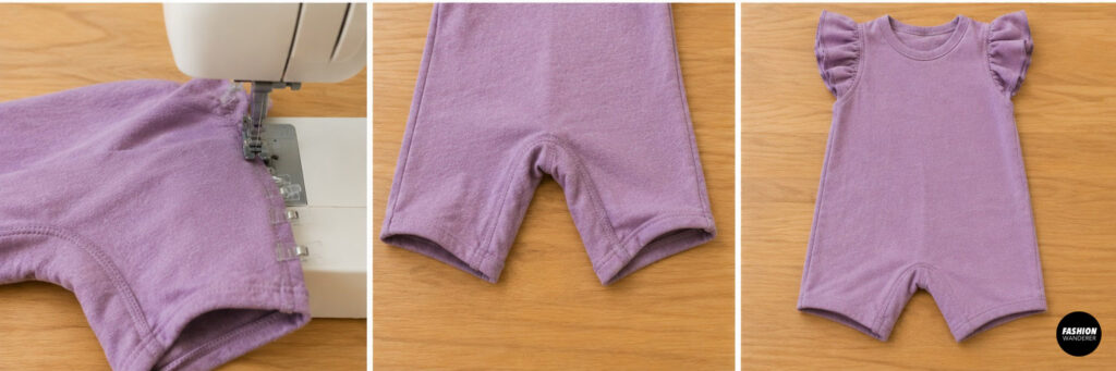 Step-by-step collage demonstrating how to stitch the inseam of a lavender baby romper, and reinforce the seam with a stretch stitch.