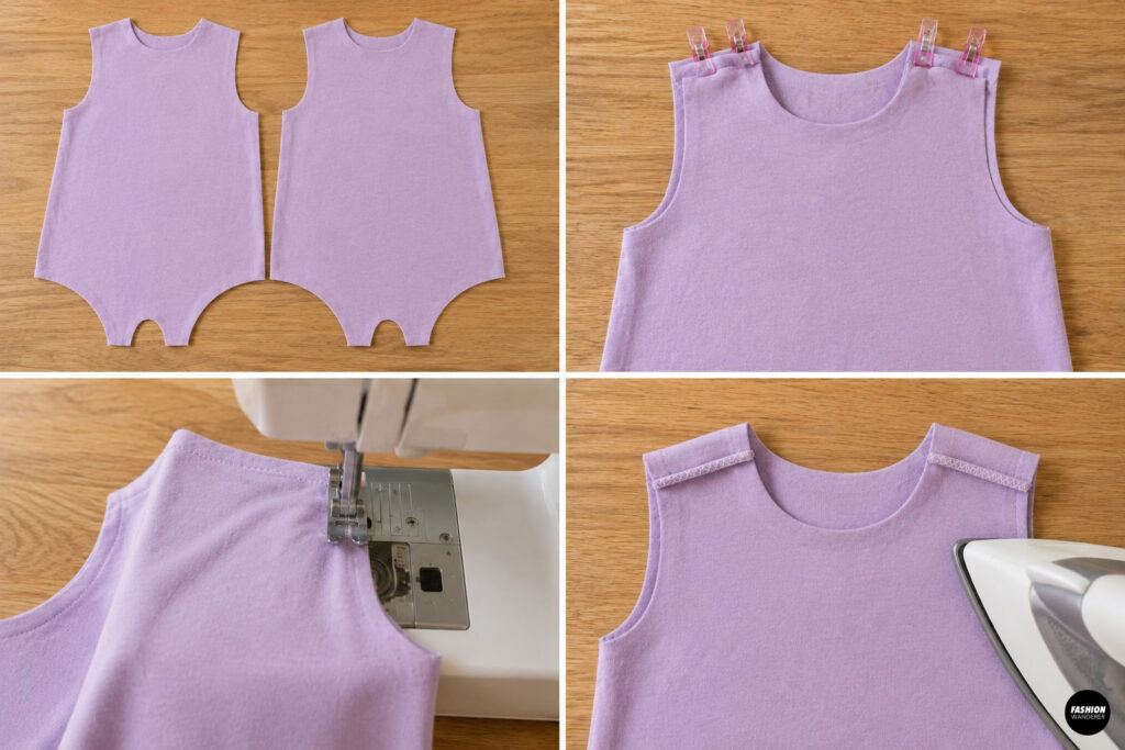 Collage showing the front and back lavender romper pieces clipped together at the shoulders, stitched on a sewing machine, and pressed flat to create smooth shoulder seams.
