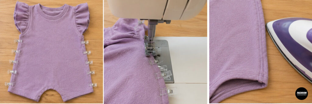 Collage showing the lavender romper folded right sides together, side seams clipped and sewn, then pressed flat to create a clean, professional finish.