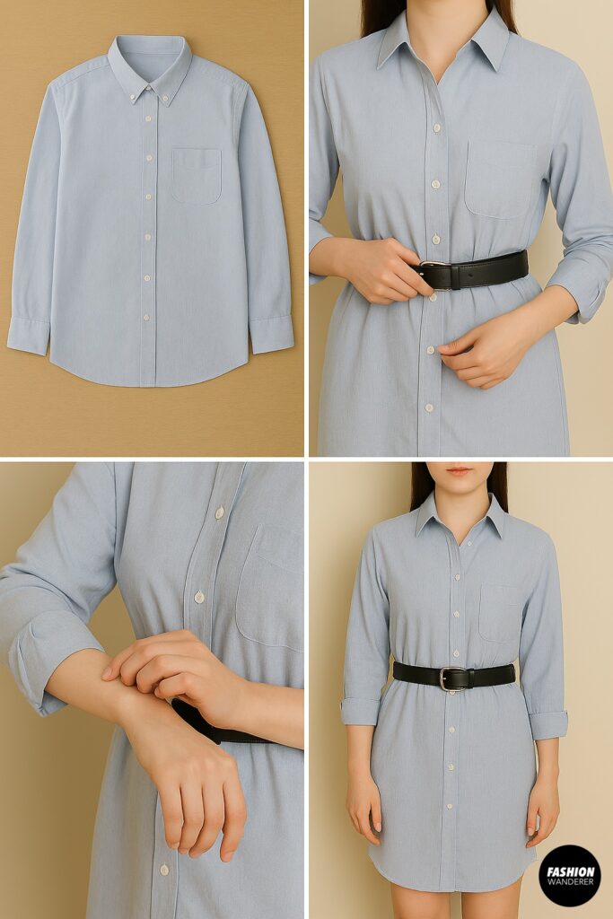 Step-by-step shirt-to-dress upcycling tutorial, showing oversized shirt before, cinching waist with a belt, rolling sleeves, and final belted shirt dress look for casual wear.