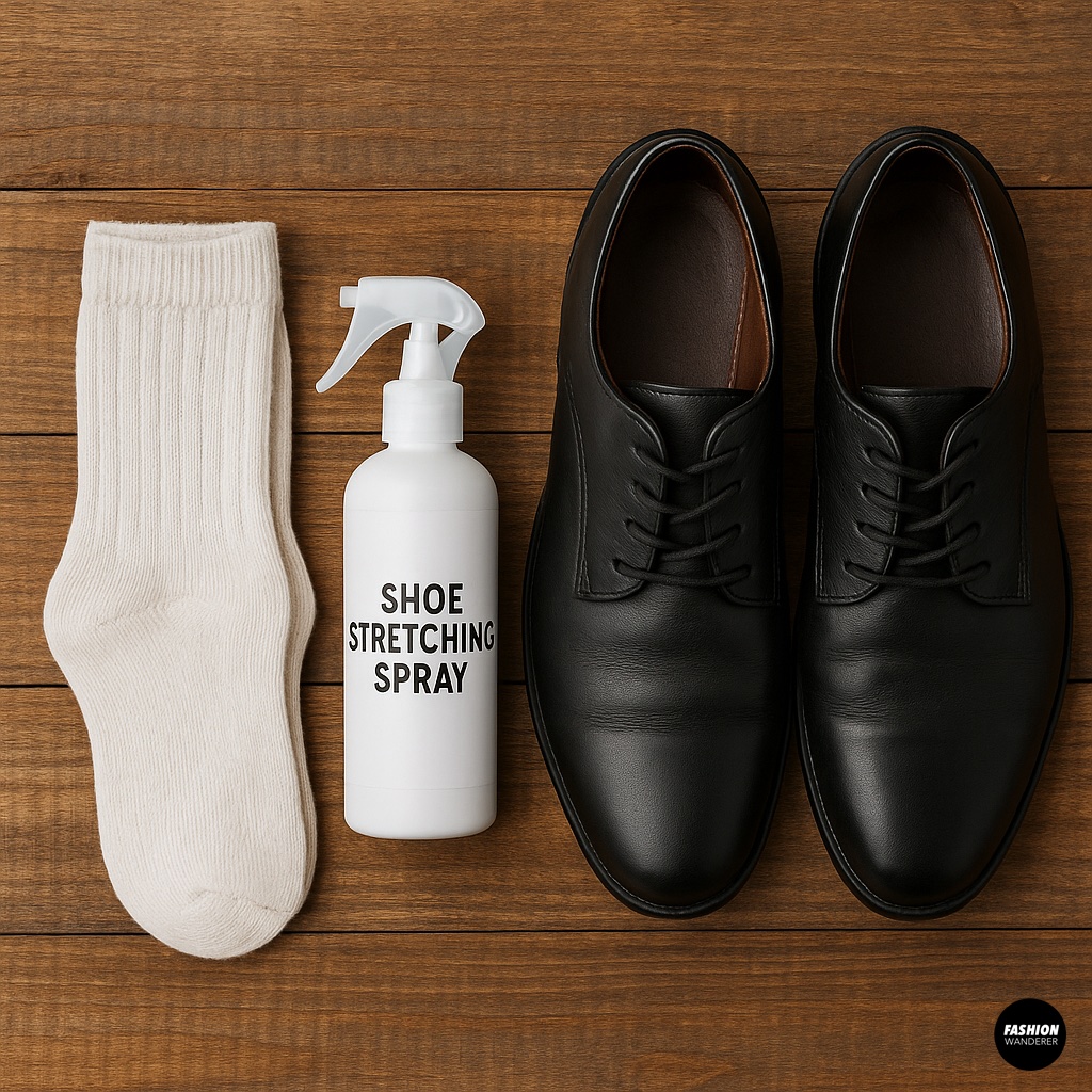 White socks, black leather shoes, and a bottle of shoe stretching spray on a wooden surface.