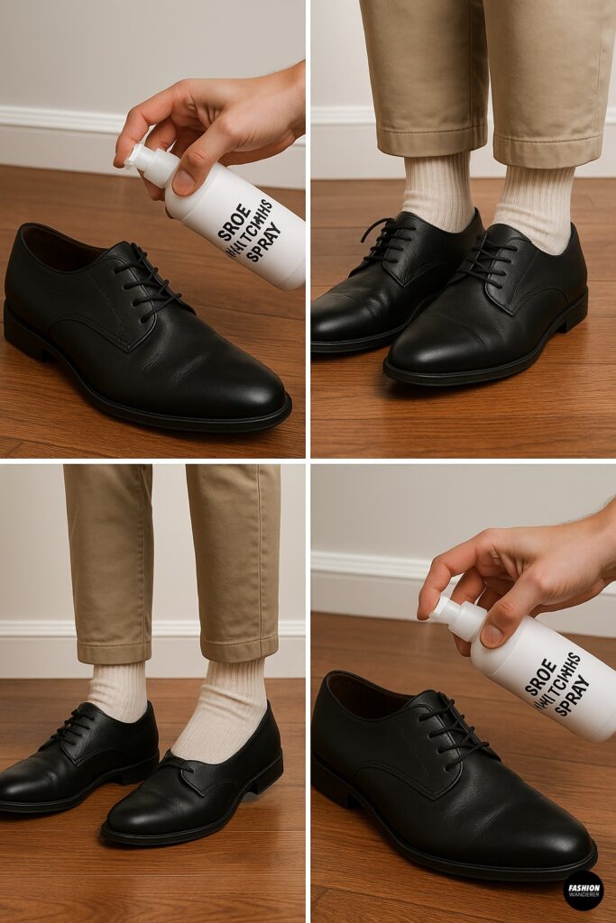 Demonstration of spraying and wearing black leather shoes with stretching spray to expand tight areas.
