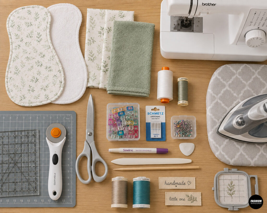 DIY baby burp cloth sewing supplies arranged on a wooden table, including floral cotton, absorbent terry cloth, sewing machine, scissors, rotary cutter, thread, sewing clips, pins, iron, fabric marker, needles, and handmade labels.