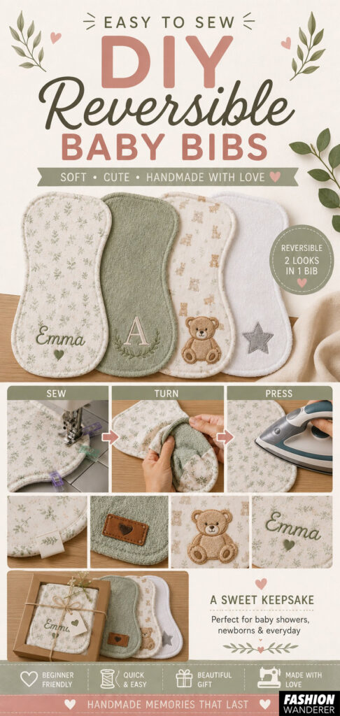 Easy-to-sew DIY reversible baby bibs and soft baby burp cloths in sage green floral fabrics, featuring beginner-friendly sewing steps, personalized embroidery, and handmade baby shower gift ideas.