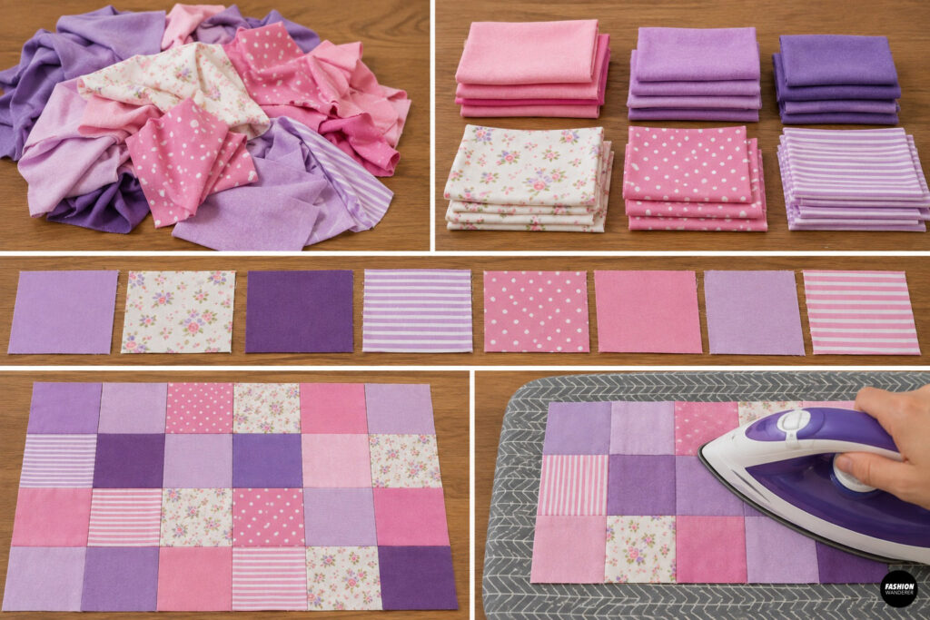 Assorted pink, lavender, floral, striped, and polka-dot knit fabric pieces arranged on a wooden tabletop for a patchwork sewing project, including stacked fabric bundles, neatly cut squares, and coordinated color combinations.