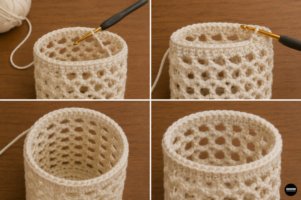 Step 4 is to strengthen the top edge of the crochet water bottle crossbody bag