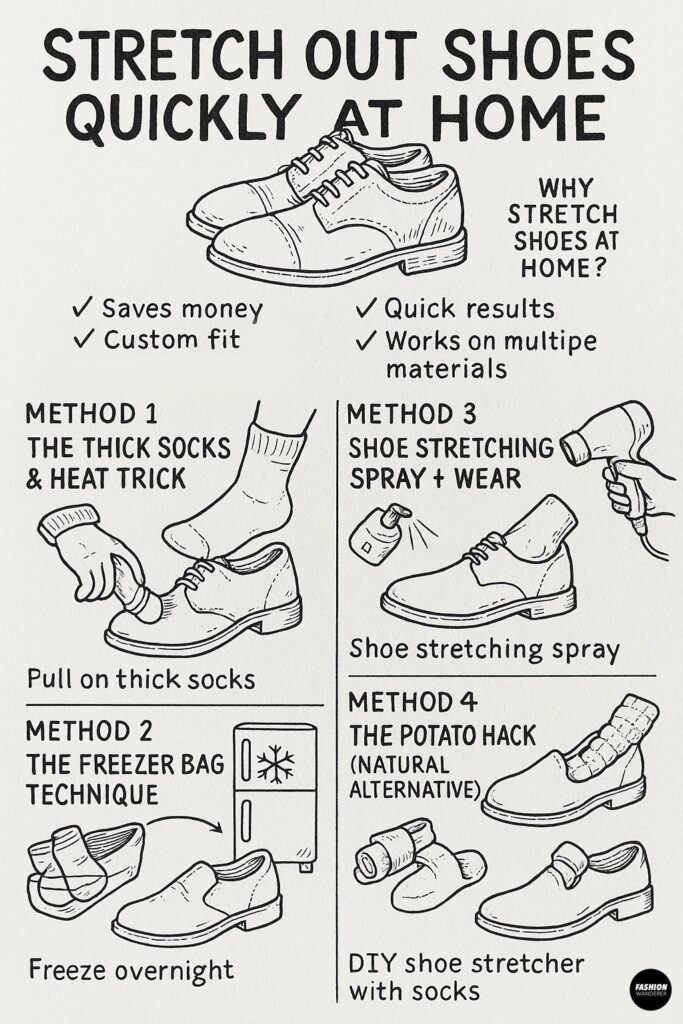 Black and white hand-drawn infographic titled “Stretch Out Shoes Quickly at Home” showing four DIY shoe stretching methods: thick socks and heat trick, freezer bag technique, shoe stretching spray and wear, and the potato hack as a natural alternative. Includes benefits like saving money, custom fit, quick results, and working on multiple materials.