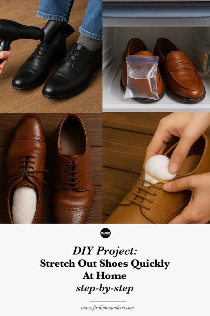Pinterest style graphic showing four DIY shoe stretching methods: thick socks and heat trick, freezer bag technique, shoe stretching spray and wear, and the potato hack as a natural alternative. Includes benefits like saving money, custom fit, quick results, and working on multiple materials.