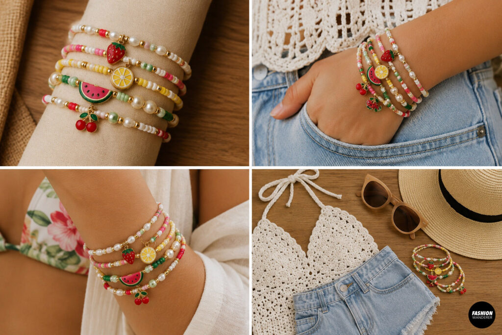Step 10 is to style your fruit bracelet stack with cute summer outfit ideas