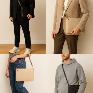 Collage of four people styling DIY laptop chain strap bags: oversized blazer with sneakers, tailored blazer with loafers, retro jeans with resin chain, and hoodie with minimalist chain strap.