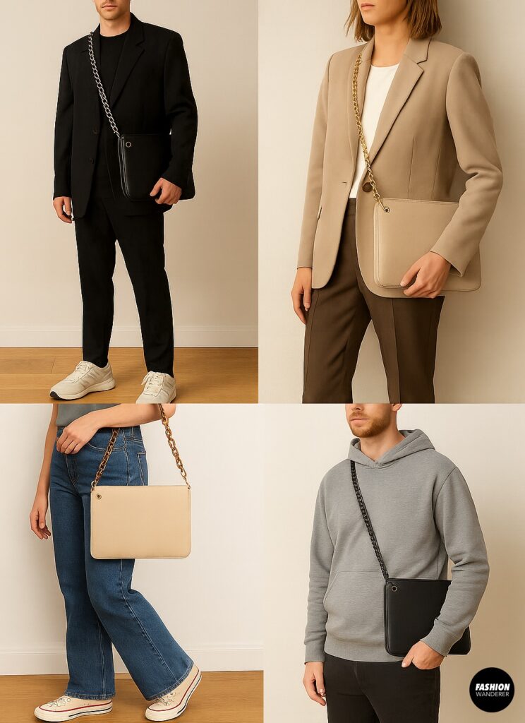 Collage of four people styling DIY laptop chain strap bags: oversized blazer with sneakers, tailored blazer with loafers, retro jeans with resin chain, and hoodie with minimalist chain strap.