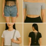 Styling ideas for upcycled no-sew T-shirts &ndash; outfits featuring a fringe tank top with denim shorts, off-shoulder crop top, T-shirt tote bag, braided back tee, and corset tee with a leather jacket.