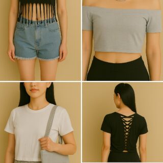 Styling ideas for upcycled no-sew T-shirts – outfits featuring a fringe tank top with denim shorts, off-shoulder crop top, T-shirt tote bag, braided back tee, and corset tee with a leather jacket.