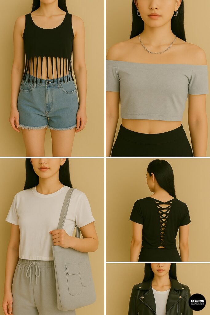 Styling ideas for upcycled no-sew T-shirts – outfits featuring a fringe tank top with denim shorts, off-shoulder crop top, T-shirt tote bag, braided back tee, and corset tee with a leather jacket.