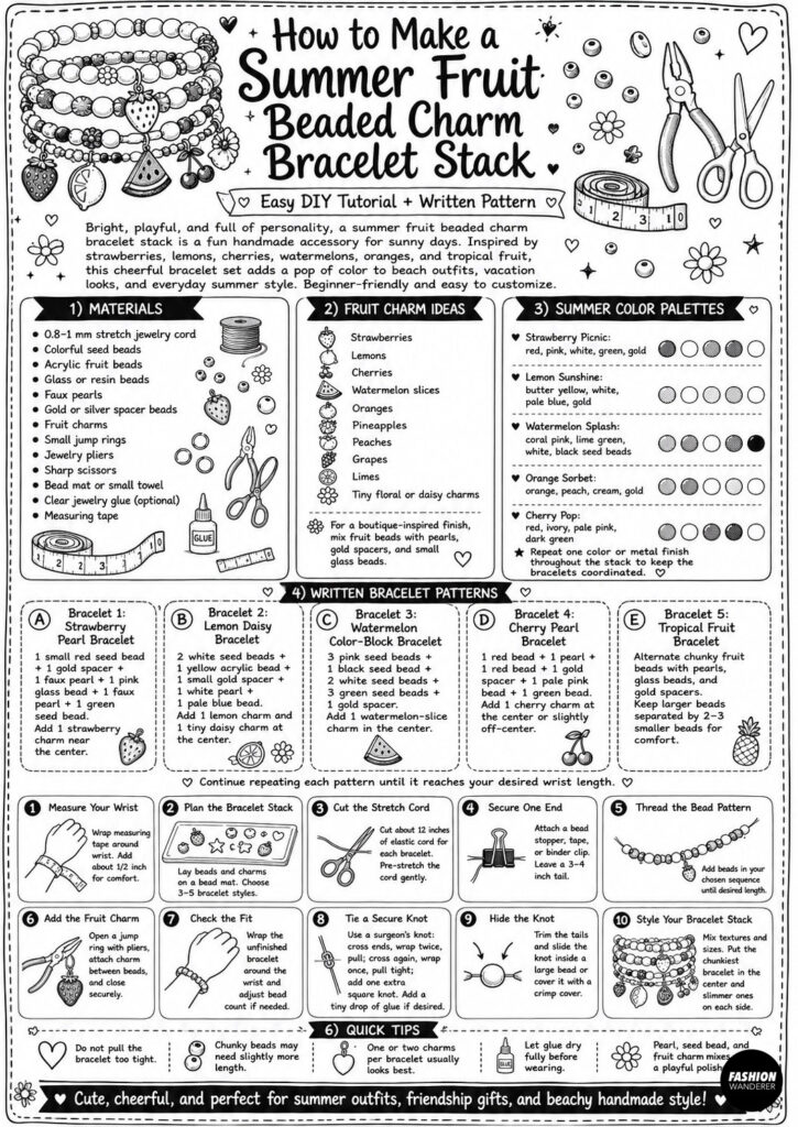 Infographic showing step by step instructions to make summer fruit beaded charm bracelets. The diy guide includes materials, fruit charm ideas, summer color palettes and written bracelet pattern instructions.